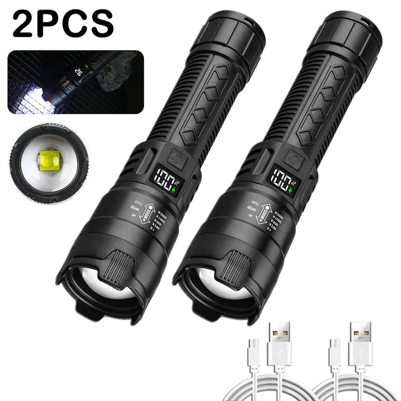 High Power 2000LM LED Flashlight Built-in Battery USB Rechargeable Strong Light Tactical Torch Outdoor Camping Hiking Lantern